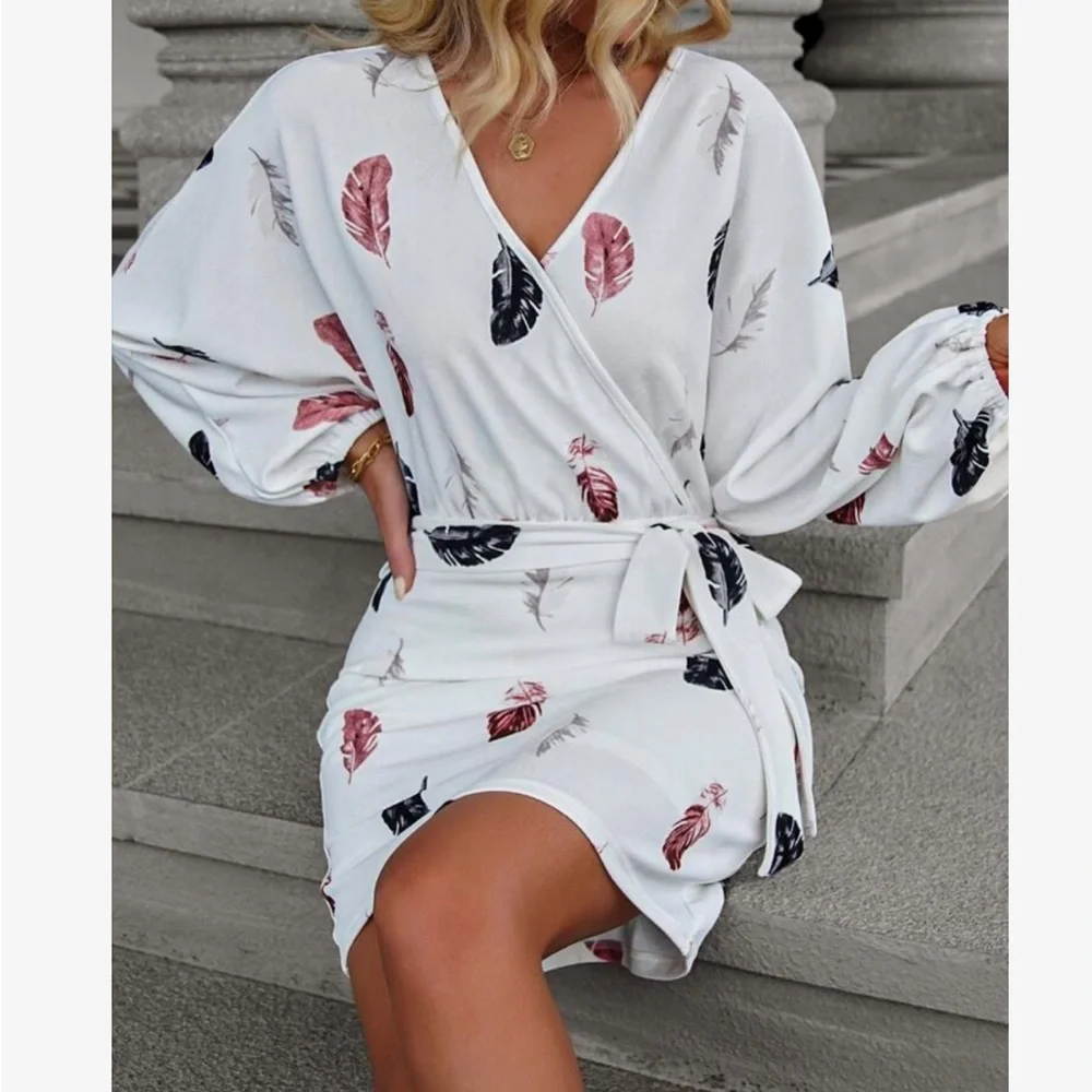 Elegant Feather Print Surplice Neck Long Sleeve Belted Dress - Picture 4 of 5